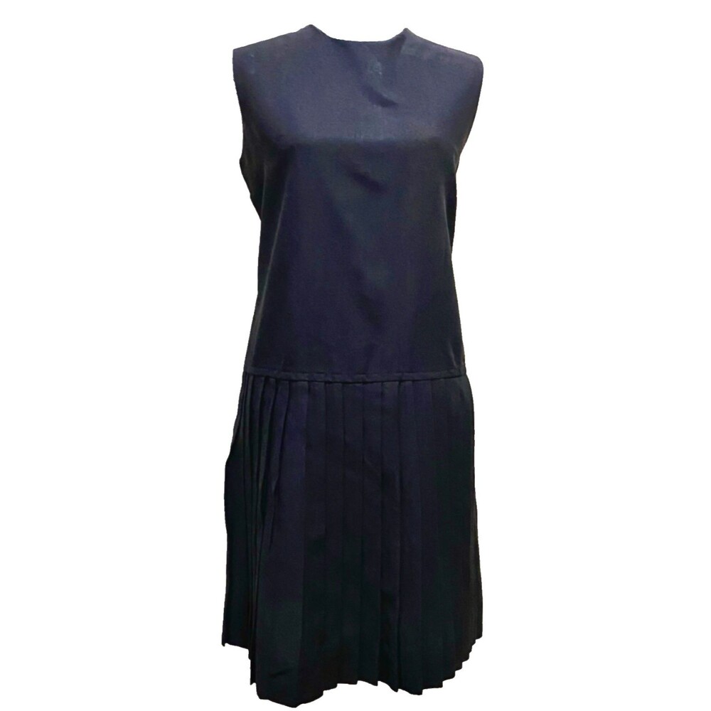 VTG 60s Black Mod Shift Dress Pleated Mini Twiggy GoGo Wednesday Addams Goth M